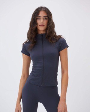 Adanola Ultimate Short Sleeve Zip Up Top Bleu | 053412-ZFR
